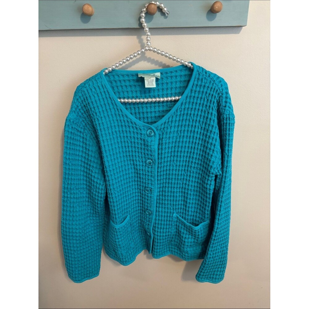Cindy Bai Women's Teal Waffle-Knit Button Cardigan Sweater size medium